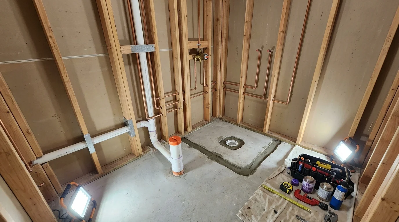 Bathroom rough-in plumbing during remodel by Johns Plumbing LLC in Dollar Bay