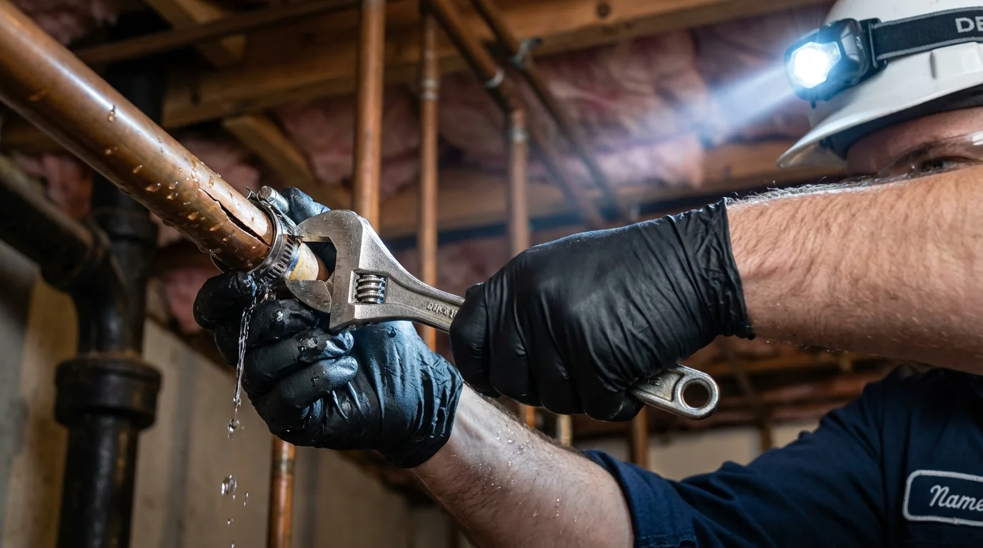 Emergency pipe clamp repair being performed by a Johns Plumbing LLC plumber in Dollar Bay