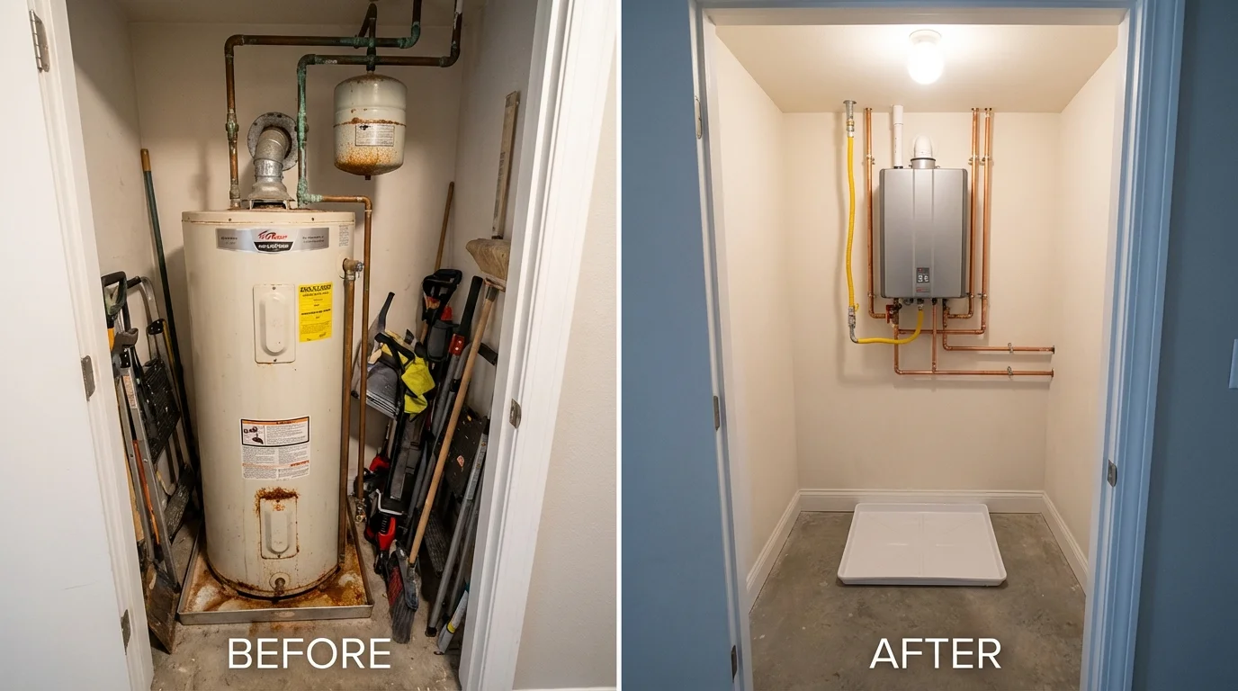 Tank water heater versus wall-mounted tankless unit comparison for Dollar Bay, MI homeowners