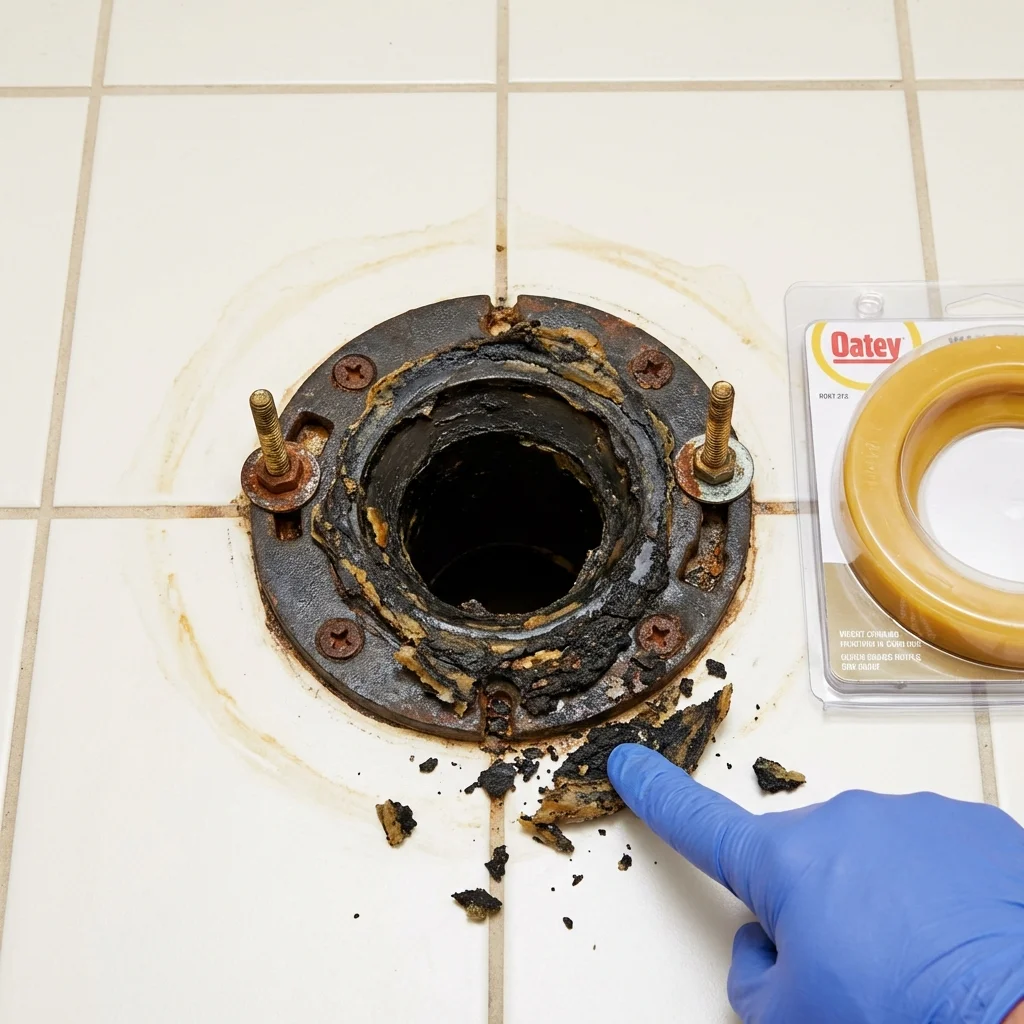 Failed wax ring showing water seepage at the base of a toilet in a Dollar Bay, MI home